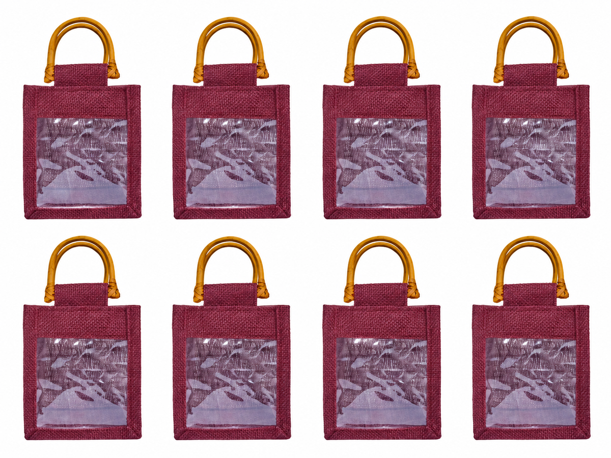 8 Pack 5.11 x 4.34 x 3.93 Inch Jucobee Jute Gift Bags, Cane Handles and PVC Window, Deep Red, Pink, Green, Orange