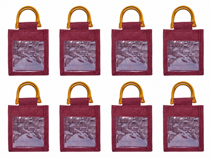 8 Pack 5.11 x 4.34 x 3.93 Inch Jucobee Jute Gift Bags, Cane Handles and PVC Window, Deep Red, Pink, Green, Orange