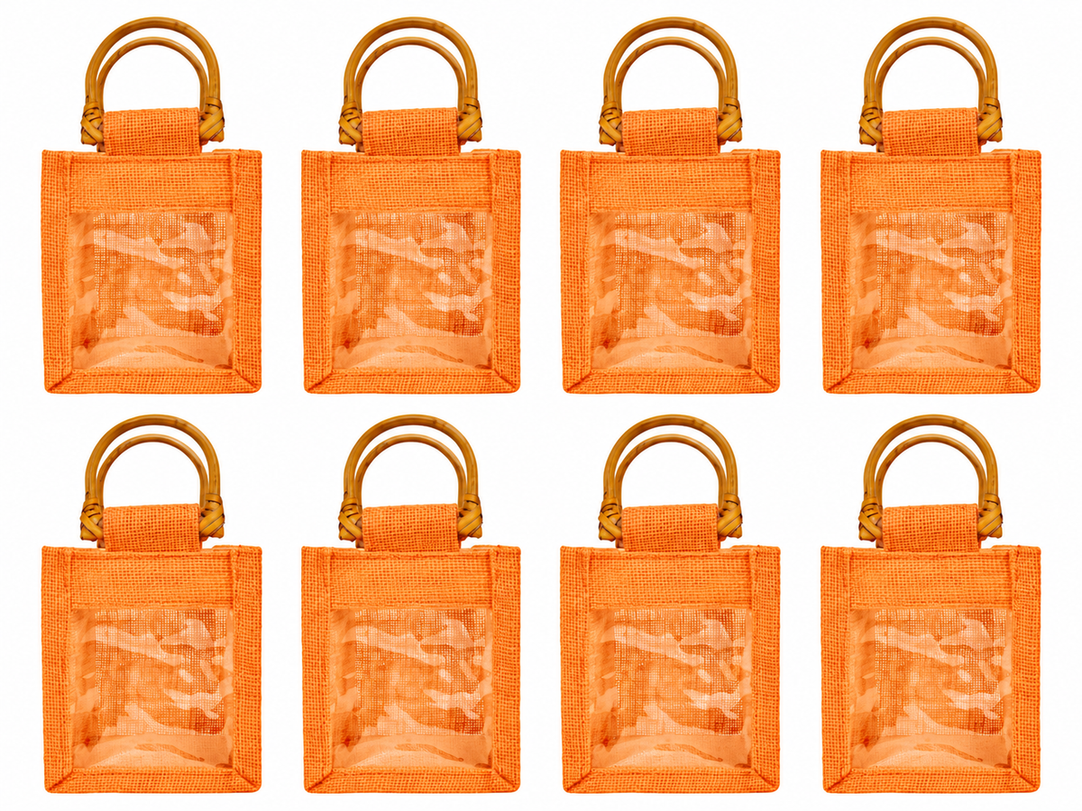 8 Pack 5.11 x 4.34 x 3.93 Inch Jucobee Jute Gift Bags, Cane Handles and PVC Window, Deep Red, Pink, Green, Orange