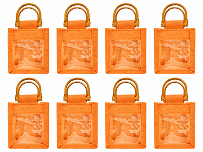 8 Pack 5.11 x 4.34 x 3.93 Inch Jucobee Jute Gift Bags, Cane Handles and PVC Window, Deep Red, Pink, Green, Orange