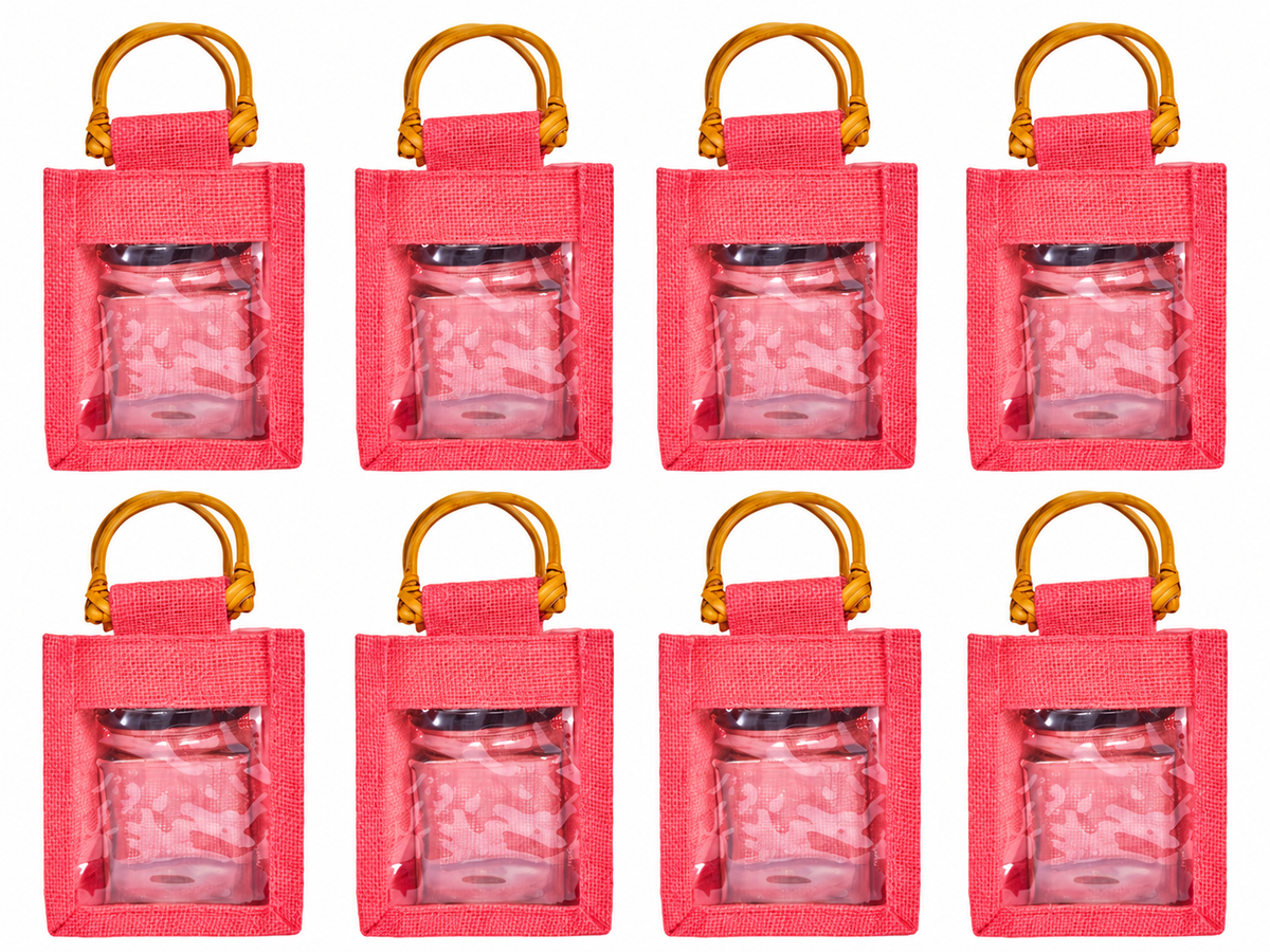 8 Pack 5.11 x 4.34 x 3.93 Inch Jucobee Jute Gift Bags, Cane Handles and PVC Window, Deep Red, Pink, Green, Orange