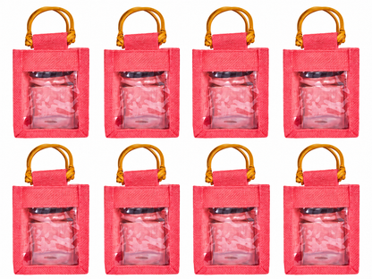 8 Pack 5.11 x 4.34 x 3.93 Inch Jucobee Jute Gift Bags, Cane Handles and PVC Window, Deep Red, Pink, Green, Orange