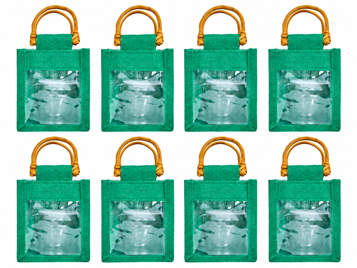 8 Pack 5.11 x 4.34 x 3.93 Inch Jucobee Jute Gift Bags, Cane Handles and PVC Window, Deep Red, Pink, Green, Orange