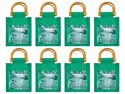 8 Pack 5.11 x 4.34 x 3.93 Inch Jucobee Jute Gift Bags, Cane Handles and PVC Window, Deep Red, Pink, Green, Orange