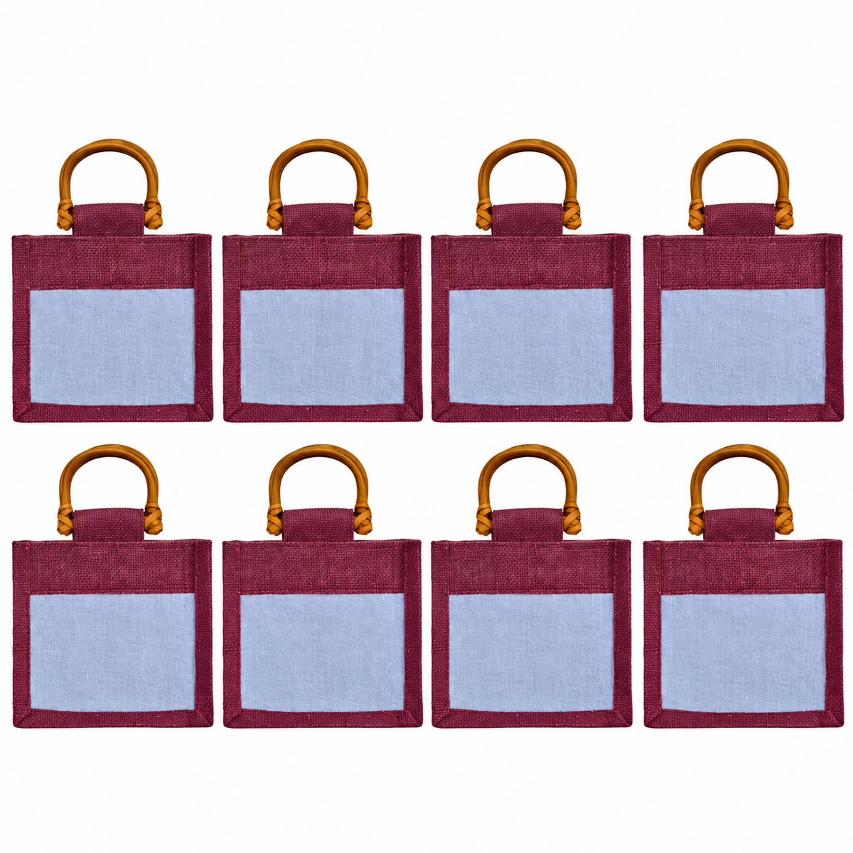 8 Pack 5.11 x 6.3 x 4.13 Inch Jucobee Jute Gift Bags with Cane Handles and Organza Window in Deep Red, Pink, Green, Orange for Gifting and Crafts