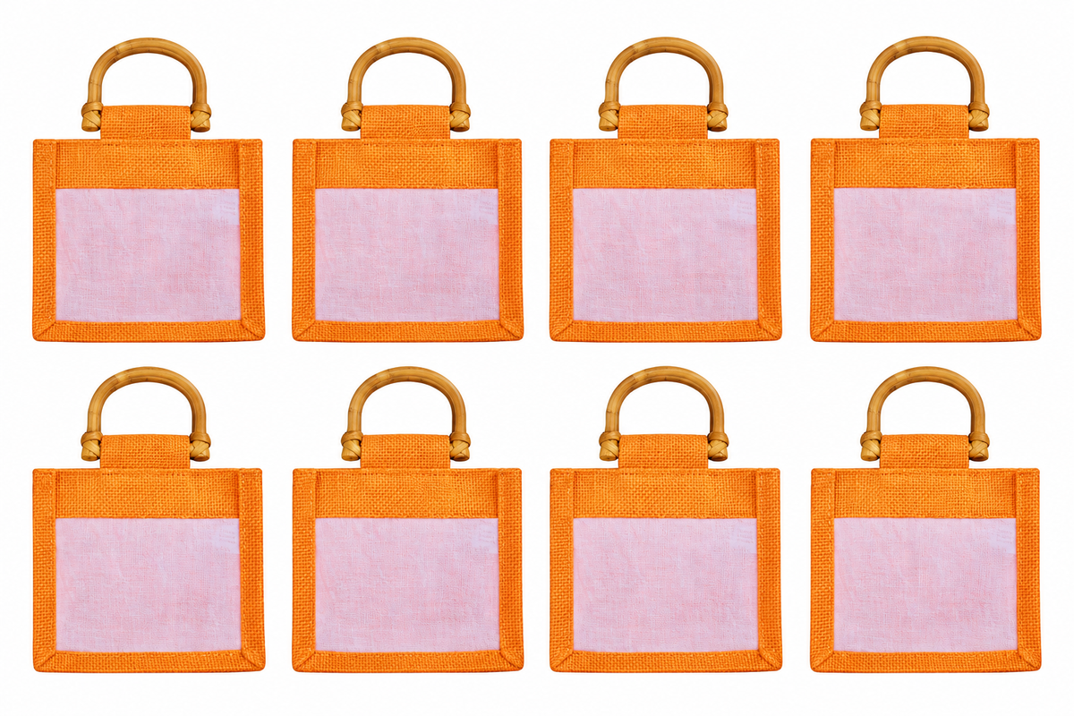 8 Pack 5.11 x 6.3 x 4.13 Inch Jucobee Jute Gift Bags with Cane Handles and Organza Window in Deep Red, Pink, Green, Orange for Gifting and Crafts
