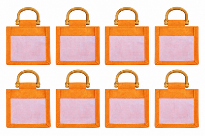 8 Pack 5.11 x 6.3 x 4.13 Inch Jucobee Jute Gift Bags with Cane Handles and Organza Window in Deep Red, Pink, Green, Orange for Gifting and Crafts