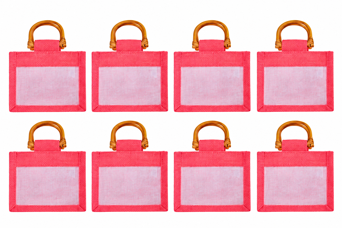 8 Pack 5.11 x 6.3 x 4.13 Inch Jucobee Jute Gift Bags with Cane Handles and Organza Window in Deep Red, Pink, Green, Orange for Gifting and Crafts