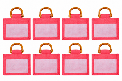 8 Pack 5.11 x 6.3 x 4.13 Inch Jucobee Jute Gift Bags with Cane Handles and Organza Window in Deep Red, Pink, Green, Orange for Gifting and Crafts