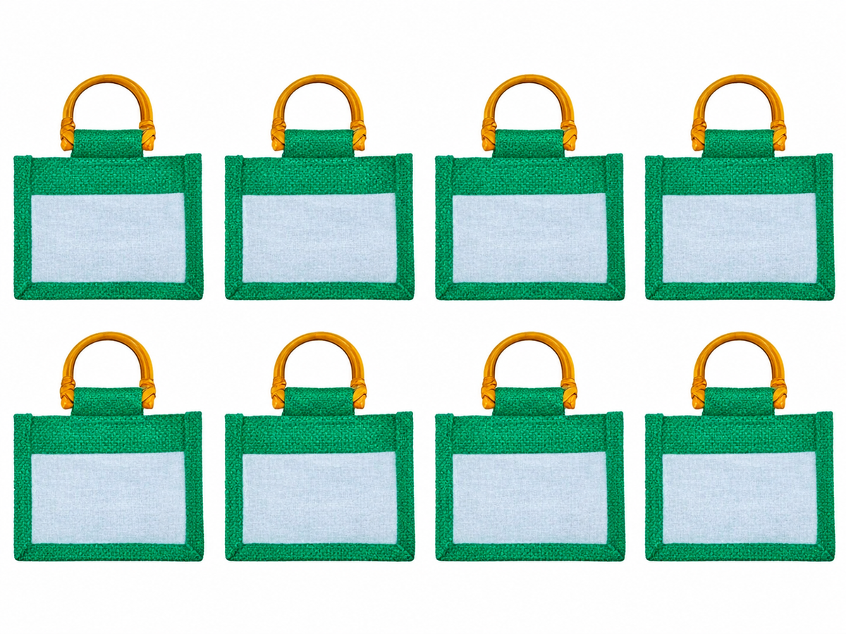 8 Pack 5.11 x 6.3 x 4.13 Inch Jucobee Jute Gift Bags with Cane Handles and Organza Window in Deep Red, Pink, Green, Orange for Gifting and Crafts