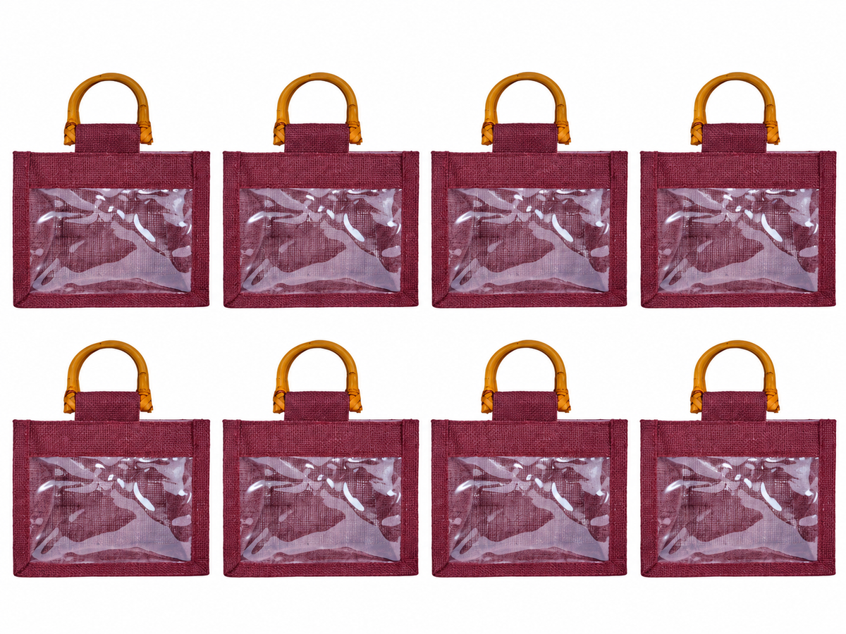 8 Pack 5.11 x 5.91 x 3.93 Inch Jucobee Jute Gift Bags with Cane Handles and PVC Window in Deep Red, Pink, Green, Orange for Gifts and Crafts