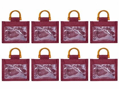 8 Pack 5.11 x 5.91 x 3.93 Inch Jucobee Jute Gift Bags with Cane Handles and PVC Window in Deep Red, Pink, Green, Orange for Gifts and Crafts