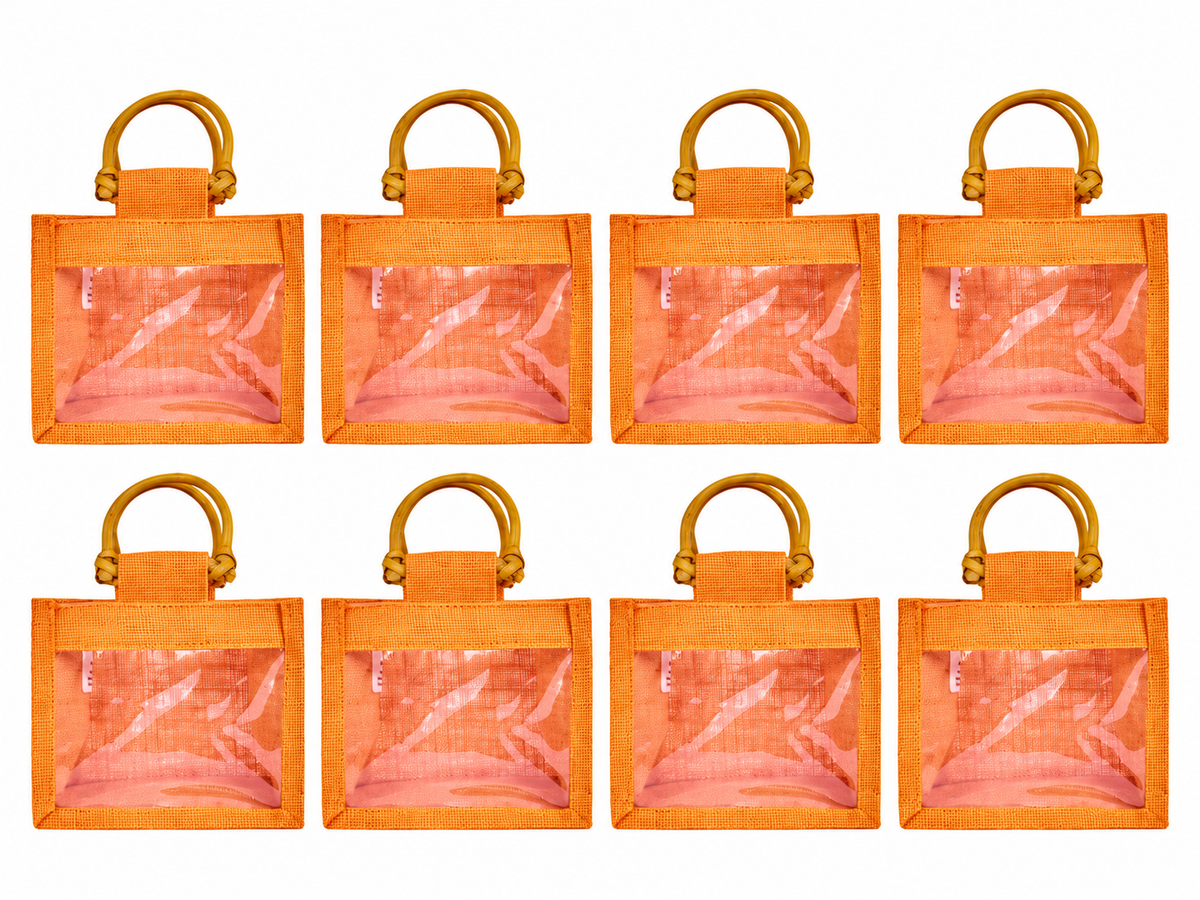 8 Pack 5.11 x 5.91 x 3.93 Inch Jucobee Jute Gift Bags with Cane Handles and PVC Window in Deep Red, Pink, Green, Orange for Gifts and Crafts