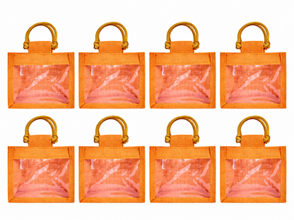 8 Pack 5.11 x 5.91 x 3.93 Inch Jucobee Jute Gift Bags with Cane Handles and PVC Window in Deep Red, Pink, Green, Orange for Gifts and Crafts