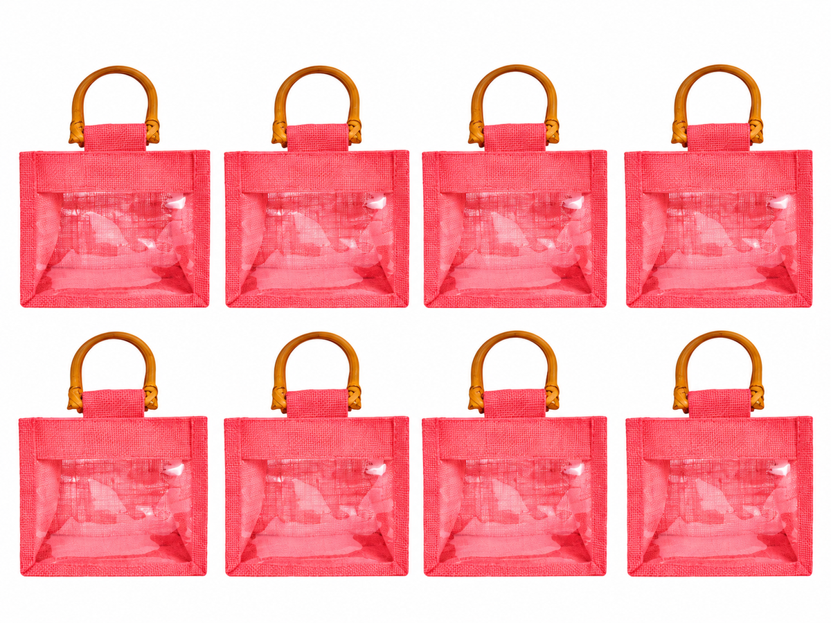 8 Pack 5.11 x 5.91 x 3.93 Inch Jucobee Jute Gift Bags with Cane Handles and PVC Window in Deep Red, Pink, Green, Orange for Gifts and Crafts