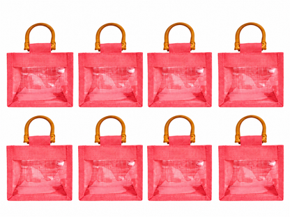 8 Pack 5.11 x 5.91 x 3.93 Inch Jucobee Jute Gift Bags with Cane Handles and PVC Window in Deep Red, Pink, Green, Orange for Gifts and Crafts