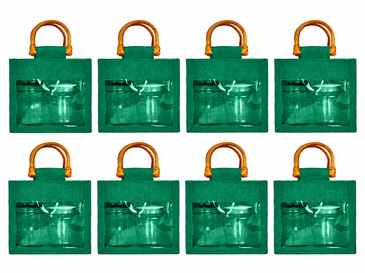 8 Pack 5.11 x 5.91 x 3.93 Inch Jucobee Jute Gift Bags with Cane Handles and PVC Window in Deep Red, Pink, Green, Orange for Gifts and Crafts