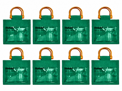 8 Pack 5.11 x 5.91 x 3.93 Inch Jucobee Jute Gift Bags with Cane Handles and PVC Window in Deep Red, Pink, Green, Orange for Gifts and Crafts