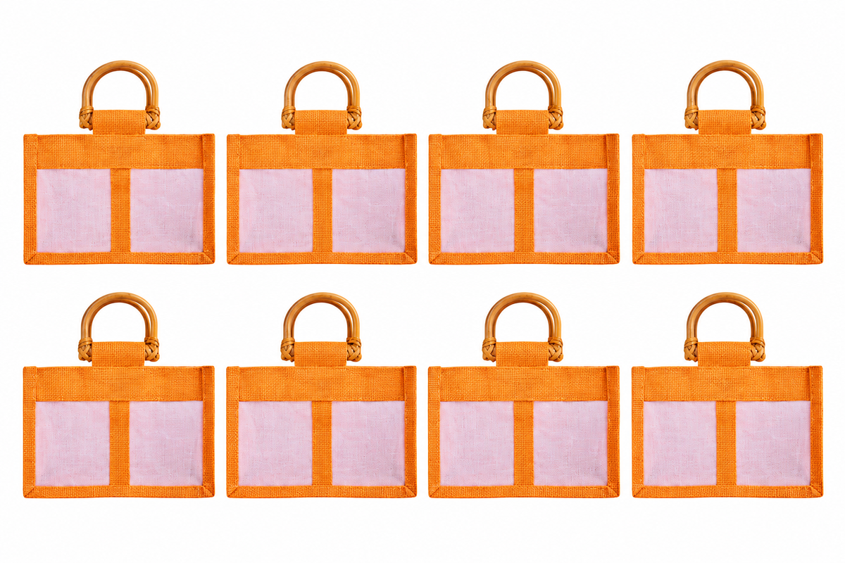 8 Pack 5.11 x 8.27 x 3.93 Inch Jucobee Jute Gift Bags with Cane Handles and Organza Panels in Deep Red, Pink, Green, Orange for Gifting