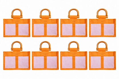 8 Pack 5.11 x 8.27 x 3.93 Inch Jucobee Jute Gift Bags with Cane Handles and Organza Panels in Deep Red, Pink, Green, Orange for Gifting