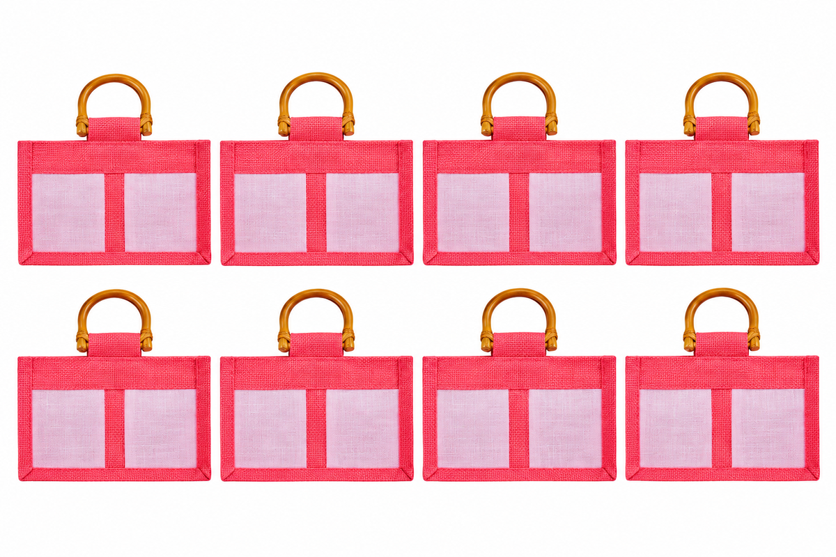 8 Pack 5.11 x 8.27 x 3.93 Inch Jucobee Jute Gift Bags with Cane Handles and Organza Panels in Deep Red, Pink, Green, Orange for Gifting