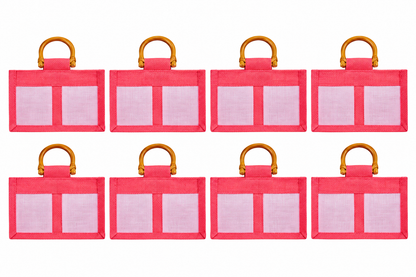 8 Pack 5.11 x 8.27 x 3.93 Inch Jucobee Jute Gift Bags with Cane Handles and Organza Panels in Deep Red, Pink, Green, Orange for Gifting