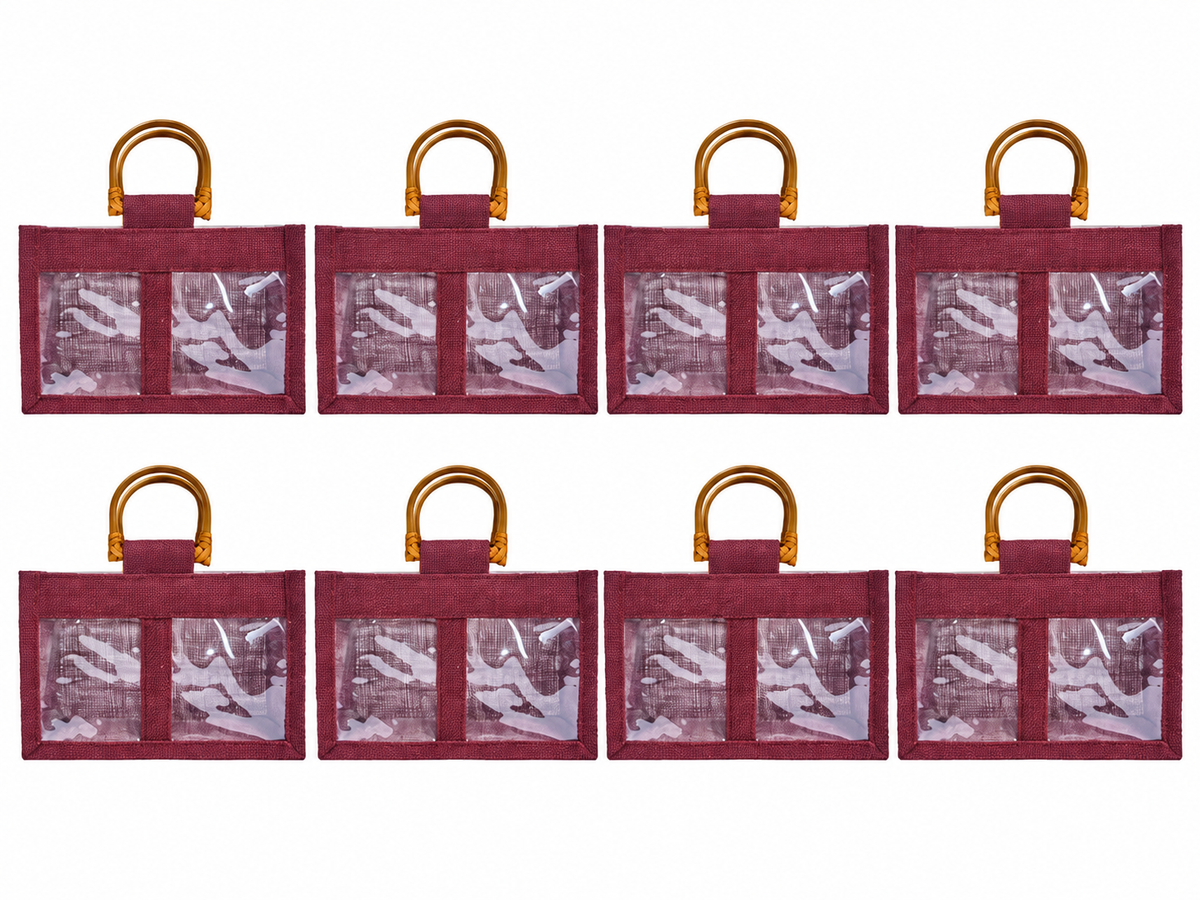 8 Pack 4.92 x 7.88 x 4.33 Inch Jucobee Jute Gift Bags with Cane Handles and Double PVC Windows in Deep Red, Pink, Green, Orange for Gifting