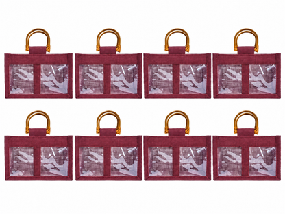 8 Pack 4.92 x 7.88 x 4.33 Inch Jucobee Jute Gift Bags with Cane Handles and Double PVC Windows in Deep Red, Pink, Green, Orange for Gifting