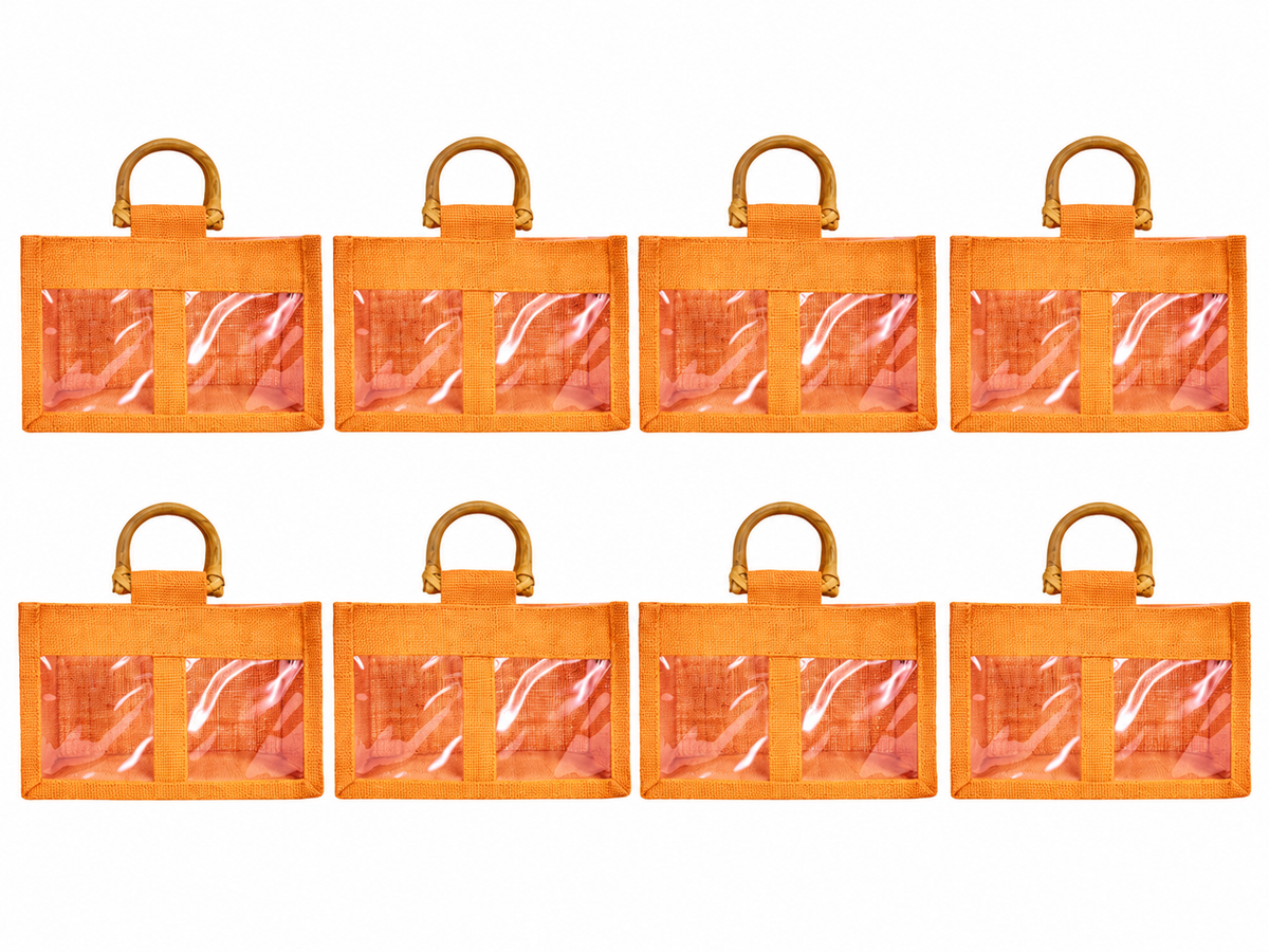 8 Pack 4.92 x 7.88 x 4.33 Inch Jucobee Jute Gift Bags with Cane Handles and Double PVC Windows in Deep Red, Pink, Green, Orange for Gifting