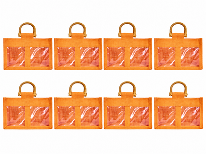 8 Pack 4.92 x 7.88 x 4.33 Inch Jucobee Jute Gift Bags with Cane Handles and Double PVC Windows in Deep Red, Pink, Green, Orange for Gifting