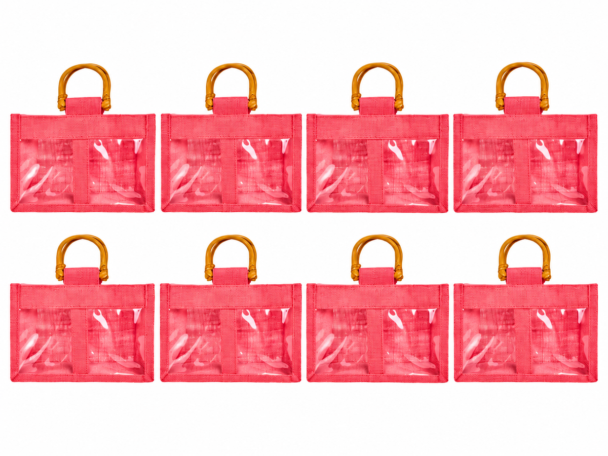 8 Pack 4.92 x 7.88 x 4.33 Inch Jucobee Jute Gift Bags with Cane Handles and Double PVC Windows in Deep Red, Pink, Green, Orange for Gifting
