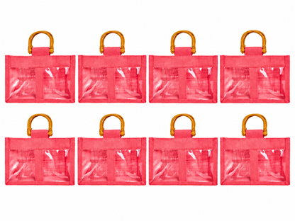 8 Pack 4.92 x 7.88 x 4.33 Inch Jucobee Jute Gift Bags with Cane Handles and Double PVC Windows in Deep Red, Pink, Green, Orange for Gifting