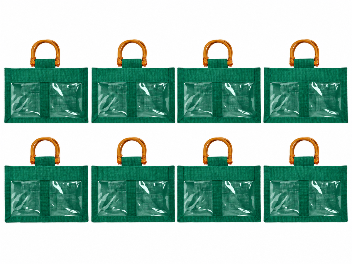 8 Pack 4.92 x 7.88 x 4.33 Inch Jucobee Jute Gift Bags with Cane Handles and Double PVC Windows in Deep Red, Pink, Green, Orange for Gifting