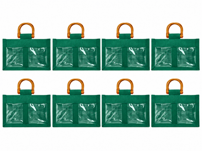 8 Pack 4.92 x 7.88 x 4.33 Inch Jucobee Jute Gift Bags with Cane Handles and Double PVC Windows in Deep Red, Pink, Green, Orange for Gifting