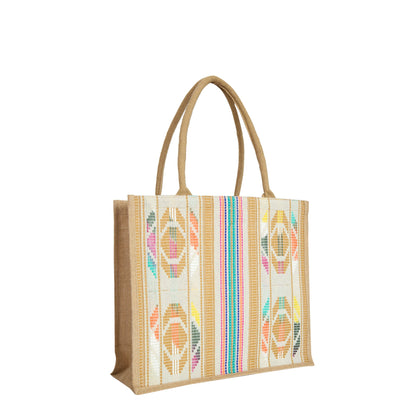 Wholesale Natural Jute with Jacquard fabric Shoulder Tote Bag for Everyday
