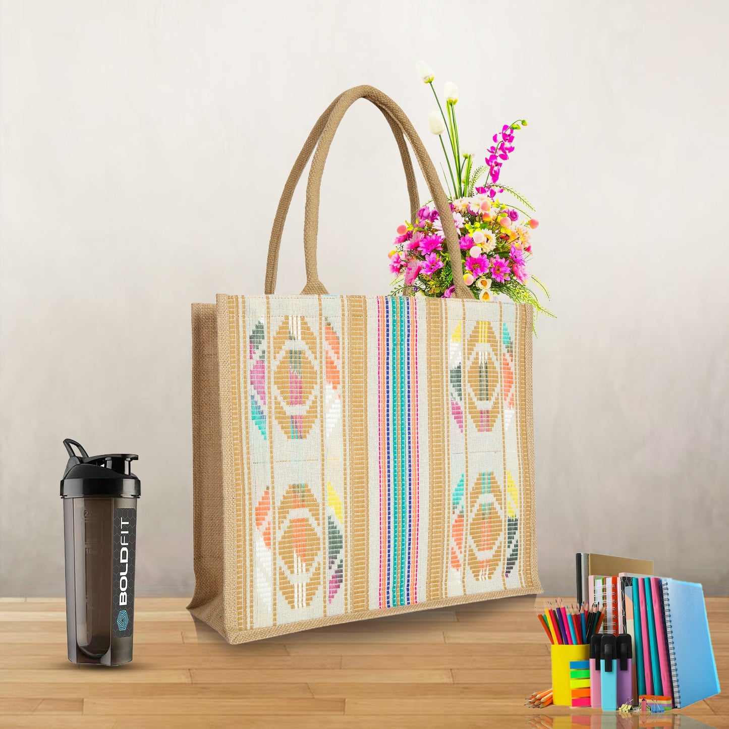 Wholesale Natural Jute with Jacquard fabric Shoulder Tote Bag for Everyday