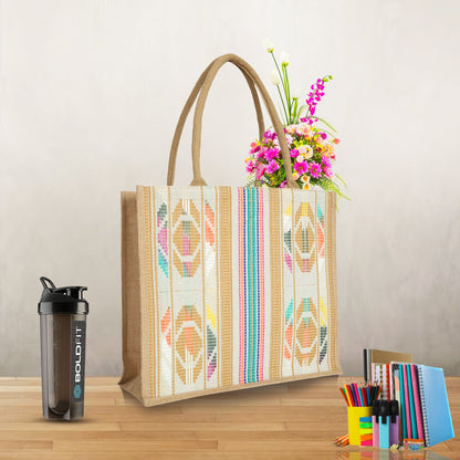 Wholesale Natural Jute with Jacquard fabric Shoulder Tote Bag for Everyday