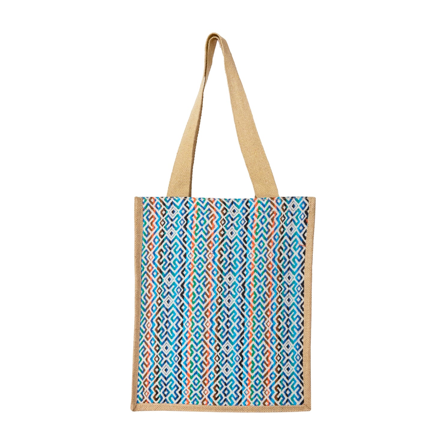 Natural Jute Shopping Tote Bag with Jacquard Fabric – Reusable Bag for Groceries, Gifting, Travel, Christmas, and Beach Outings