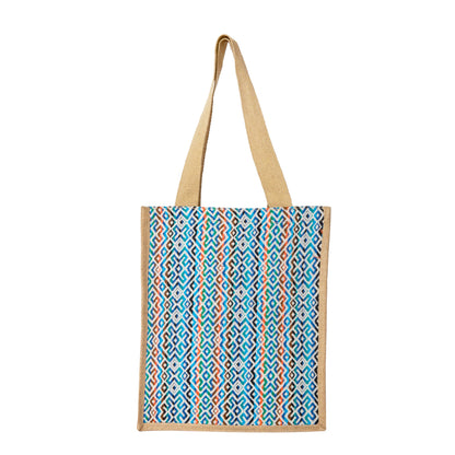 Natural Jute Shopping Tote Bag with Jacquard Fabric – Reusable Bag for Groceries, Gifting, Travel, Christmas, and Beach Outings