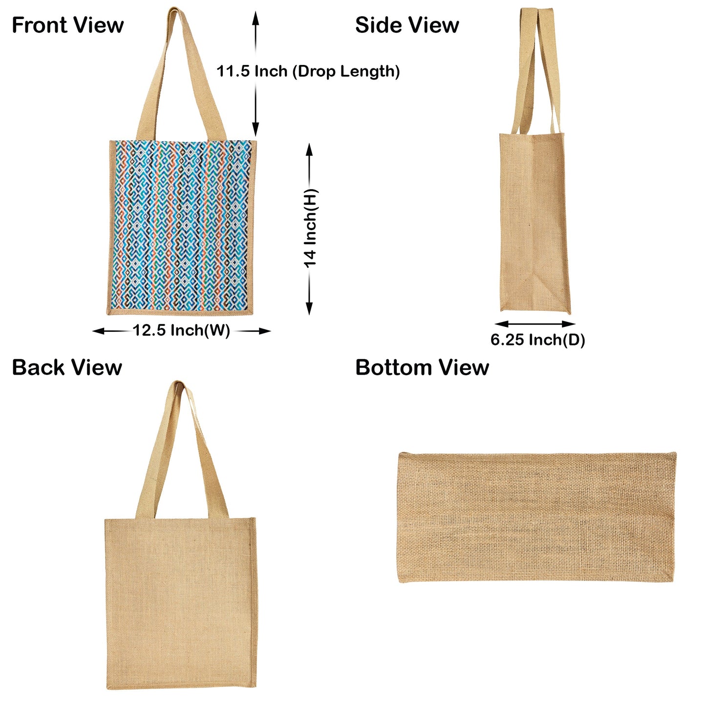 Premium Natural Reusable Jute Shopping Tote Bag with Stylish Jacquard Fabric. Groceries, Vegetables, Kitchen Essentials & Beach Trips -Pack of 5