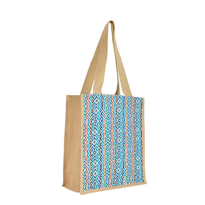 Natural Jute Shopping Tote Bag with Jacquard Fabric – Reusable Bag for Groceries, Gifting, Travel, Christmas, and Beach Outings