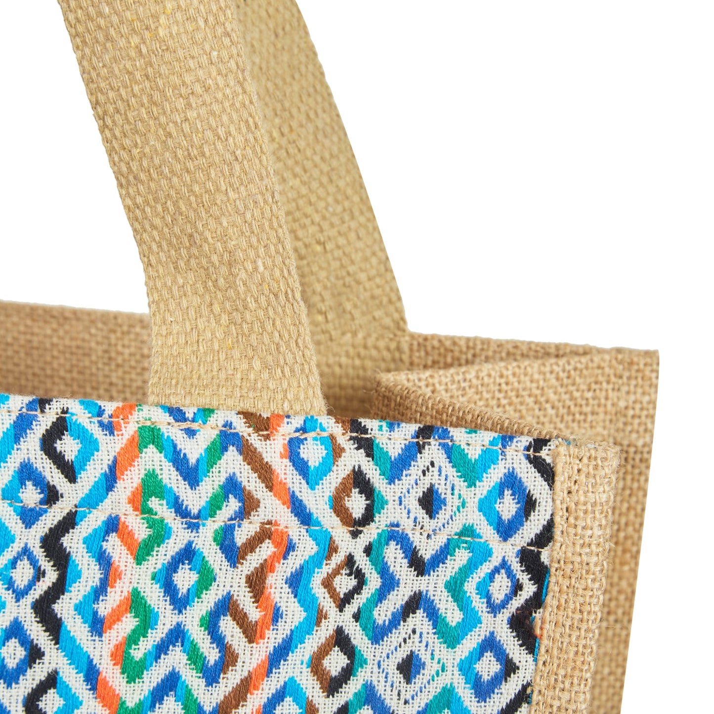 Natural Jute Shopping Tote Bag with Jacquard Fabric – Reusable Bag for Groceries, Gifting, Travel, Christmas, and Beach Outings
