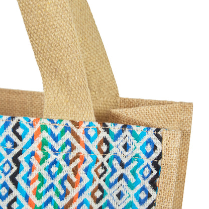 Natural Jute Shopping Tote Bag with Jacquard Fabric – Reusable Bag for Groceries, Gifting, Travel, Christmas, and Beach Outings
