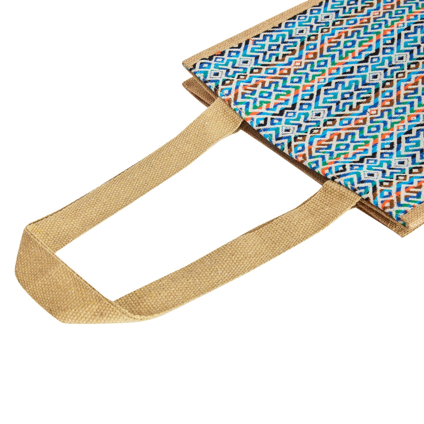 Natural Jute Shopping Tote Bag with Jacquard Fabric – Reusable Bag for Groceries, Gifting, Travel, Christmas, and Beach Outings