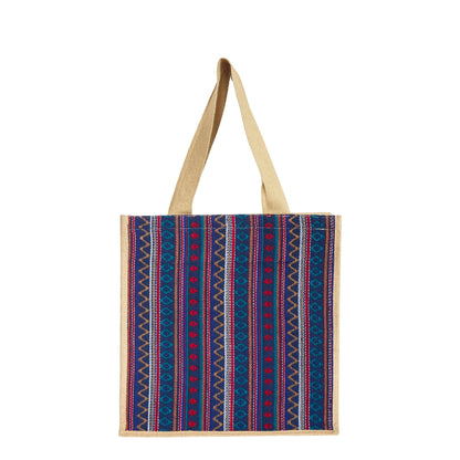 Natural Jute Tote Bag with Purple Jacquard Fabric – Eco-Friendly Bag for Shopping, Gifting, Travel, Holidays, and Beach Days