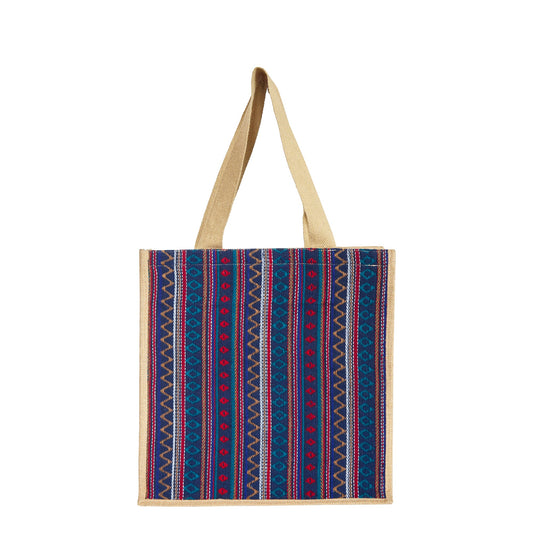 Natural Jute Tote Bag with Purple Jacquard Fabric – Eco-Friendly Bag for Shopping, Gifting, Travel, Holidays, and Beach Days