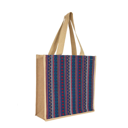 Natural Jute Tote Bag with Purple Jacquard Fabric – Eco-Friendly Bag for Shopping, Gifting, Travel, Holidays, and Beach Days