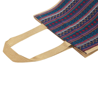 Natural Jute Tote Bag with Purple Jacquard Fabric – Eco-Friendly Bag for Shopping, Gifting, Travel, Holidays, and Beach Days