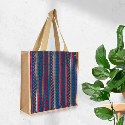 Natural Jute Tote Bag with Purple Jacquard Fabric – Eco-Friendly Bag for Shopping, Gifting, Travel, Holidays, and Beach Days