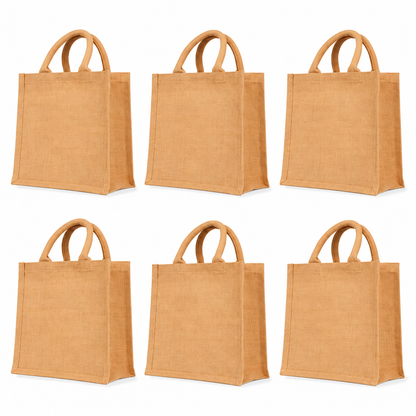 Pack of 6 , 10x10x4 Jucobee Natural Jute Burlap Tote Bags with Handles Reusable Shopping Grocery Gift Bags